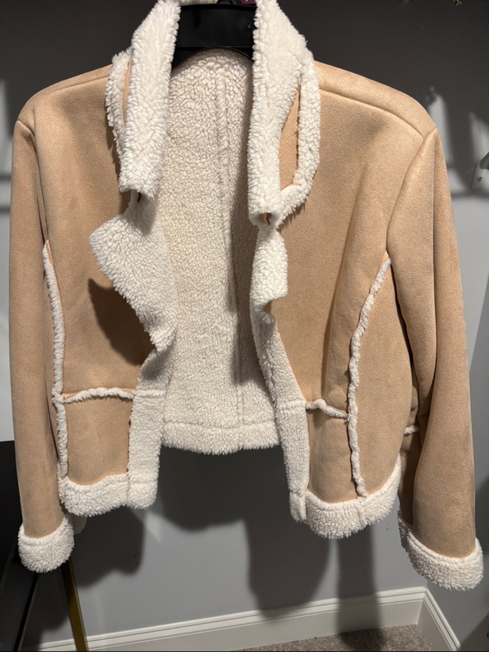 Women's Faux Shearling Trim Jacket - Cream & Tan